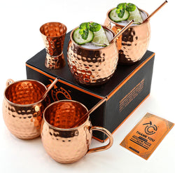 Moscow Mule Cups Set of 4 | 100% Pure Copper Food Safe 16oz Copper Cups with 4X Copper Straws and 1x Copper Jigger - Premium Moscow Mule Mugs