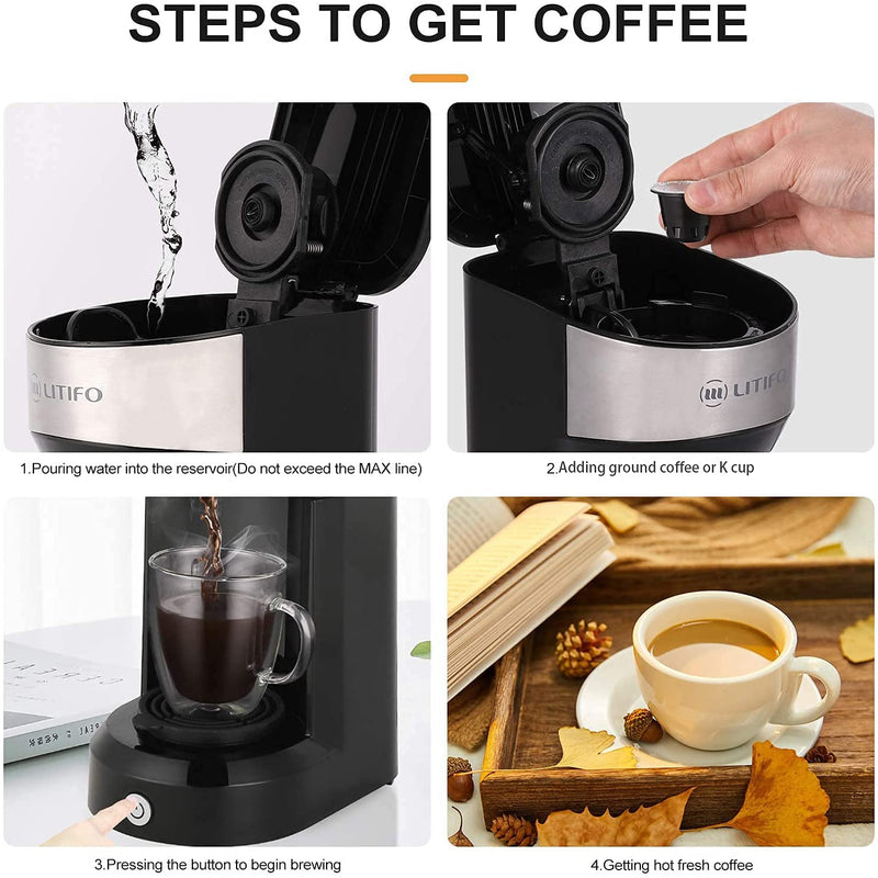 LITIFO Single Serve Coffee Maker for Ground coffee, Tea & K Cup Pod, 2-In-1 Small Coffee Machine with 6 to 14oz Reservoir, One-Button Fast Brew, Auto Shut-off & Self Cleaning Function (Black)