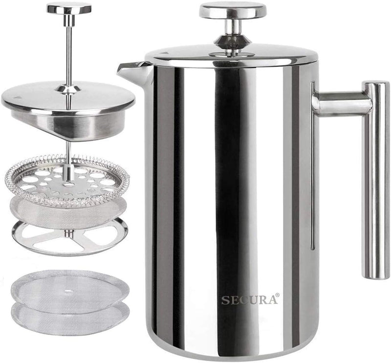 Secura French Press Coffee Maker, 304 Grade Stainless Steel Insulated Coffee Press with 2 Extra Screens, 34oz (1 Litre), Silver