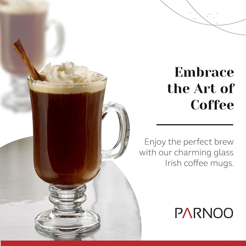 PARNOO Irish Coffee Mugs - 8 oz. Irish Coffee Glass with Handle & Footed Stem Base - Clear Irish Coffee Glasses for Tea, Coffee, & Hot Chocolate - Heavy Duty Irish Coffee Mugs Set of 4