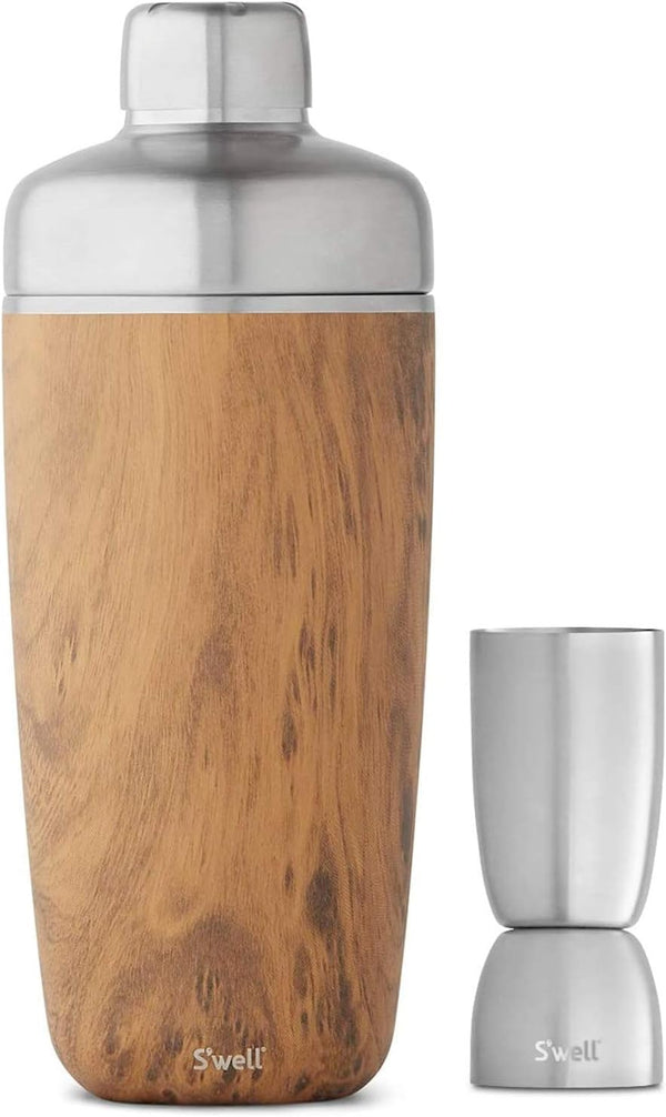 S'well Stainless Steel Shaker Set with Jigger Carafe - 18 Fl Oz - Teakwood - Triple-Layered Vacuum-Insulated Container Designed to Keep Cocktails Colder for Longer - BPA-Free