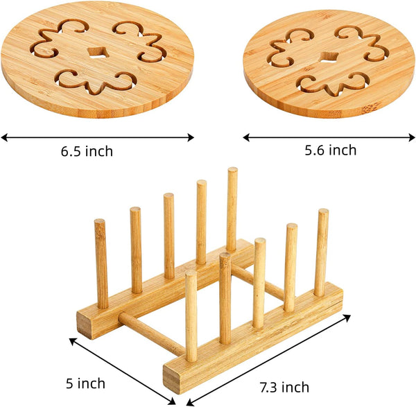 AVLA 6 Pack Natural Bamboo Trivet Mat Set, Heat Resistant Pads with Dish Rack, Kitchen Wood Non-Slip Coaster, Durable Anti-Hot Trivet Stand Mat Set for Hot Dishes, Bowl, Teapot, Hot Pot Holders