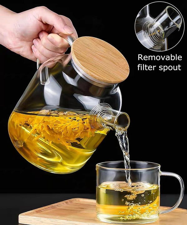 Glass Teapot Stovetop 63 OZ/1850ml, Borosilicate Clear Tea Kettle with Bamboo Lid, Glass Tea pot with Removable Filter Spout, Teapot for Loose Leaf and Blooming Tea and Fruit Tea (1850)