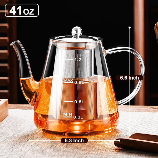 PARACITY Glass Teapot Stovetop 41 OZ/1200ml, Tea pot with Removable Stainless Steel Infuser, Borosilicate Clear Tea Kettle with Scale, Teapot Blooming and Loose Leaf Tea Maker Tea Brewer for Camping