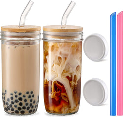 4 Pack Glass Cups Set - 24oz Mason Jar with Bamboo Lids and Glass Straw & 2 Airtight Lids - Cute Boba Drinking Glasses, Reusable Travel Tumbler Bottle for Iced Coffee, Smoothie, Bubble Tea, gift