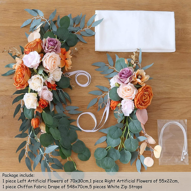 Wedding Arch Flowers - 2 Burnt Orange Artificial Flowers  1 White Chiffon Swag