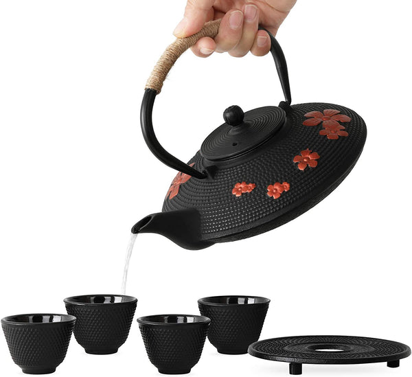 TOVACU Japanese Style Cast Iron Teapot with 4 Tea Cups Trivet Tetsubin StovetopTea Kettle with Infuser Chinese Iron Tea Pot Tea Set for Adults Black (Pear Flower Pattern)