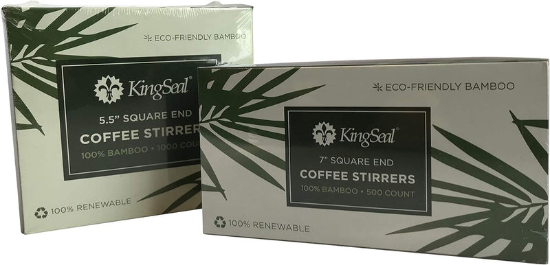 KingSeal Bamboo Coffee Stir Sticks, 5.5 inches, Square End, Stronger and Thicker Than Standard Wood, 100% Renewable and Biodegradable - 1 Box of 1000 Stirrers