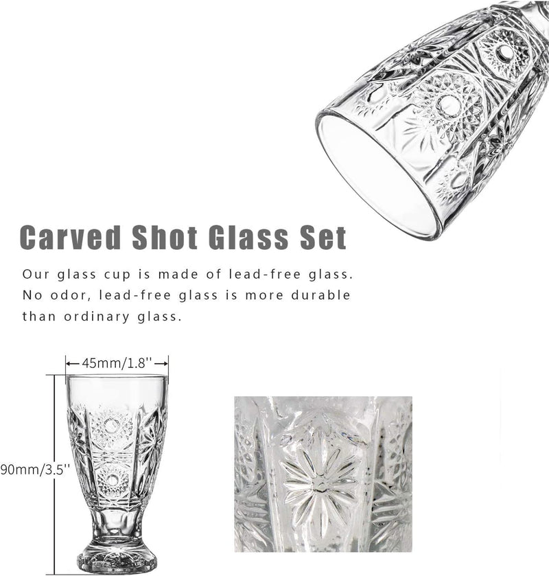 MOFIT Shot Glass, Carved Shot Glass Set, Lead-Free Glass， 1.35 Oz Transparent Heavy Base Shot Glass Set Of 6, For Tequila-Vodka-Cocktail