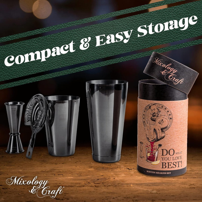 Mixology Cocktail Shaker Boston Shaker Set Professional Weighted Martini Shakers, Strainer and Japanese Jigger, Portable Bar Set for Drink Mixer Bartending, Exclusive Recipes Cards (Gun-Metal Black)