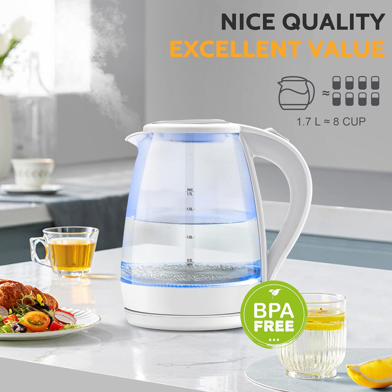 Pukomc Electric Kettle - 1.7L Hot Water Boiler - Glass Tea kettle with Wide Opening and Led Indicator, Auto Shut-Off and Boil-Dry Protection - Series 9460