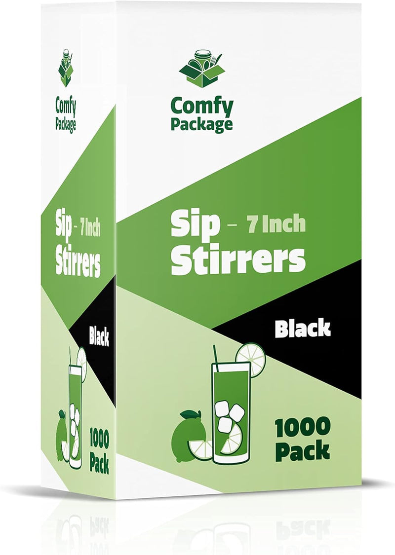 Comfy Package, Plastic Sip Stirrers/Straws - Disposable Stir Sticks for Coffee & Cocktail - Black [1000 Count - 7 Inch]