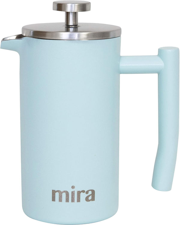 MIRA Coffee Lover Bundle with 12oz Insulated French Press (Pearl Blue) and 12oz Insulated Travel Mug (Pearl Blue)