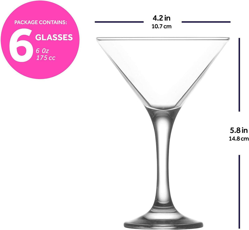 lav Martini Glasses Set of 6 - Martini Cocktail Glass Set 6 Oz - Cosmopolitan Glasses for Elegant Cocktails - Classic Cocktail Glasses with Chic Design for Home Parties - Made in Europe