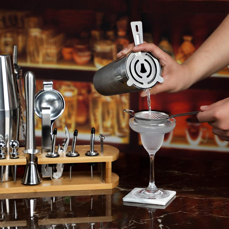 24-Piece Cocktail Shaker Bartender Kit with Stand, Boston Shaker, Mixing Spoon, Muddler, Measuring Jigger, Lemon Squeez, Tongs, Corkscrew, Liquor Pourers and More Professional Bar Tools