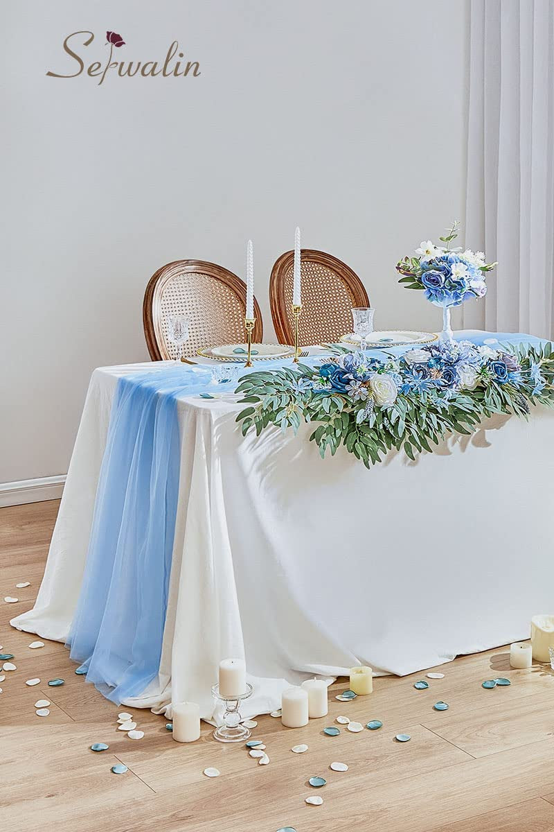 Blue Artificial Wedding Arch Flowers and Swag Set with Drape Fabric - Large Decor for Welcome Sign Backdrop Sweetheart Table