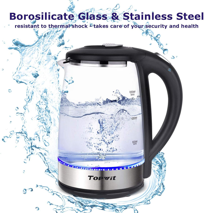 TOPWIT Electric Kettle Glass Hot Water Kettle, 2.0L Water Warmer, BPA-Free Stainless Steel Lid & Bottom, Tea Kettle with Fast Heating, Auto Shut-Off & Boil Dry Protection