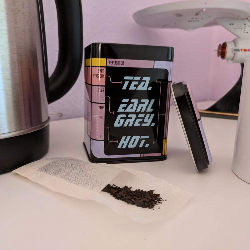 getDigital Tea Tin, Tea. Earl Grey. Hot. - Metal caddy with lid for loose leaf tea storage - Shows the replicator interface from a classic Sci-Fi TV Show - Capacity 17 fl oz