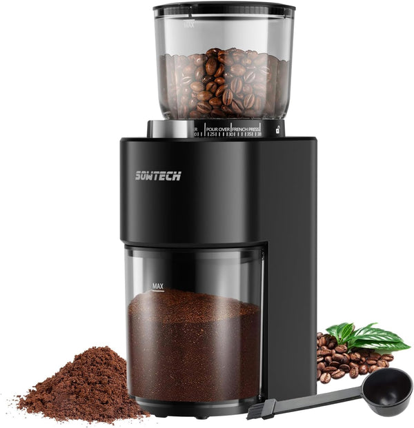 SOWTECH Anti-static Conical Burr Coffee Grinder, Adjustable Burr Mill with 38 Precise Grind Setting, precision timer, for Espresso/Drip/Pour Over/Cold Brew/French Press Coffee Maker(Black)