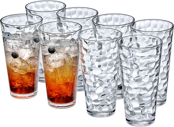 Amazing Abby - Iceberg - 24-Ounce Plastic Tumblers (Set of 8), Plastic Drinking Glasses, All-Clear High-Balls, Reusable Plastic Cups, Stackable, BPA-Free, Shatter-Proof, Dishwasher-Safe