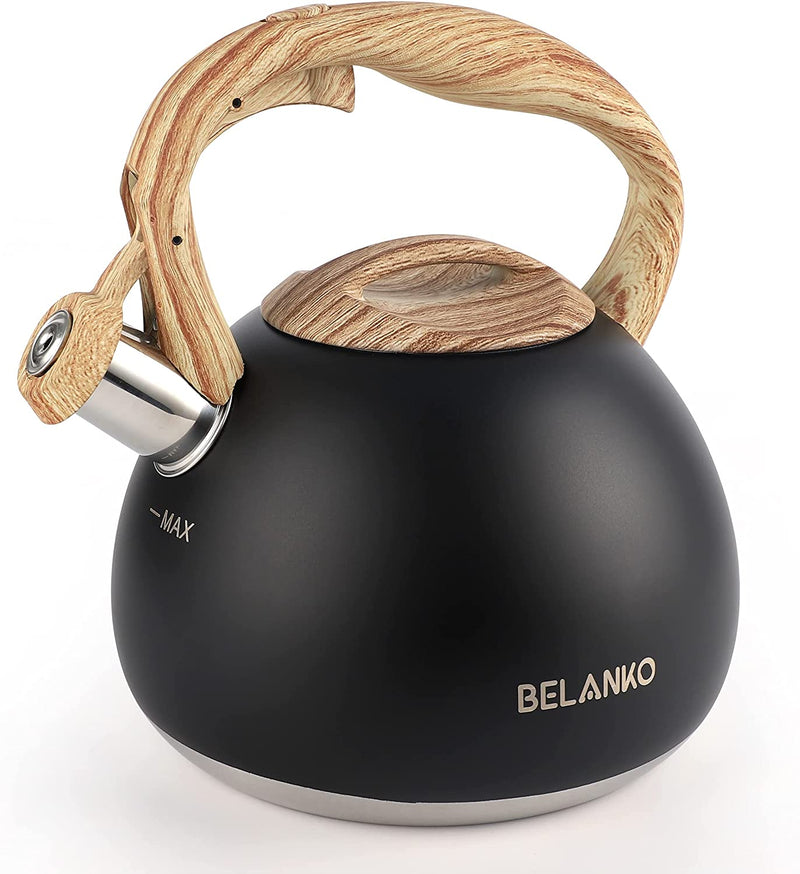 Tea Kettle, BELANKO 102 OZ / 3 Liter Whistling Tea Kettle, Tea Pots for Stove Top Food Grade Stainless Steel with Wood Pattern Handle, Loud Whistle Kettle for Tea, Coffee, Water, Milk - Black Green