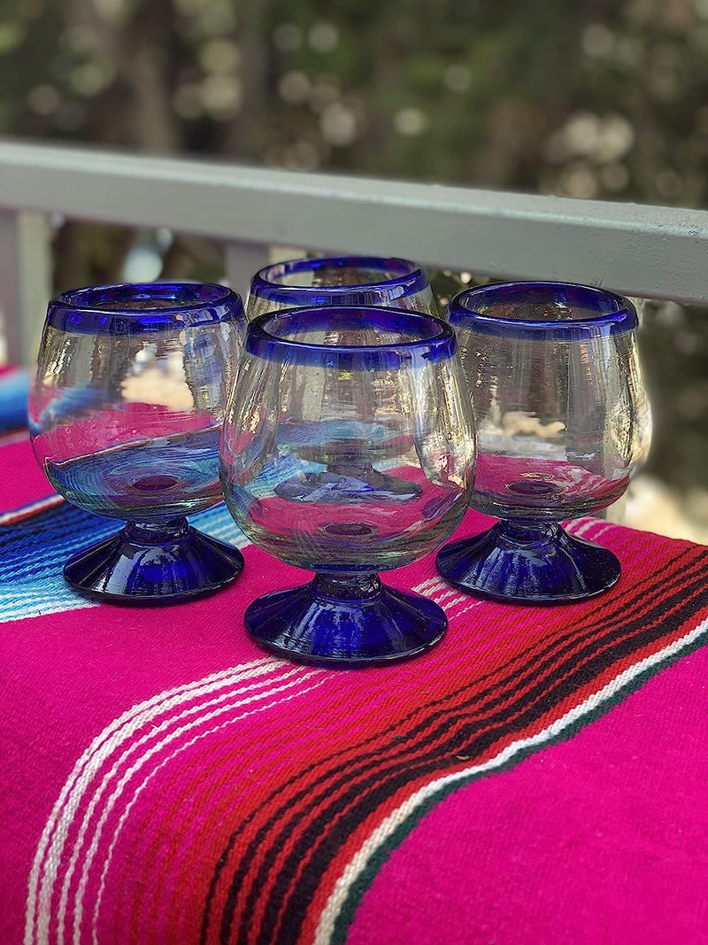 Mexican Hand Blown Glass – Set of 4 Hand Blown Cognac Snifter Glasses - Cobalt Blue Rim