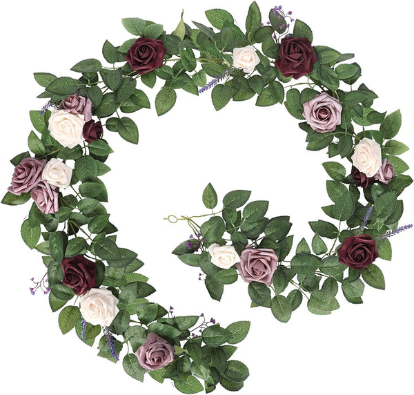 6Ft Artificial Rose Floral Garland - Wedding Decor in Cream Purple and Burgundy