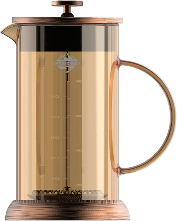 CrossCreek French Press Coffee & Milk Frother, 34oz (4 Cups) Heat Resistant Borosilicate Glass Coffee Press with 4 Filter Screens, Stainless Steel Plunger Durable Easy Clean 100% BPA Free, Copper