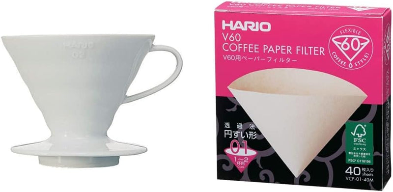 Hario V60 Ceramic Coffee Dripper Pour Over Cone Coffee Maker Size 02, White