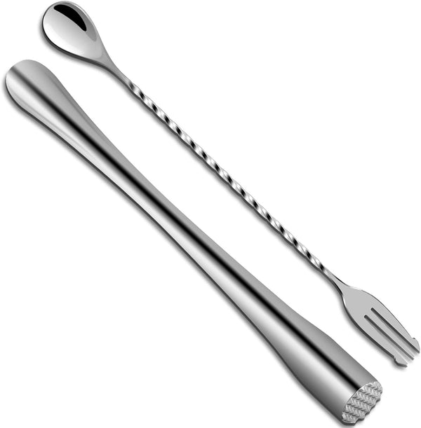 Cocktail Muddler 11.2 Inch and Bar Spoon 11.6 Inch, Briout Extended Muddler Set Stainless Steel Home Bar Tool for Making Delicious Cocktails Drinks Juice