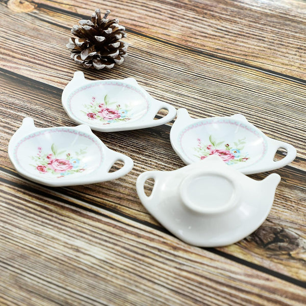 Linlins Set of White Porcelain Ceramic with Flower Trim Teapot-Shaped Tea Bag Holder Tea Bag Coasters, Spoon Rests; Classic Tea Time Saucer Seasoning Dish Set (TYGZ)