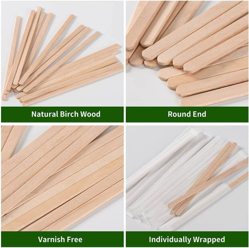 MFJUNS 200pcs Individually Wrapped Coffee Stirrers Wood - 5.5" Coffee Stir Sticks, Round End Disposable coffee stirrer, For Coffee, Cocktail and Hot Drinks