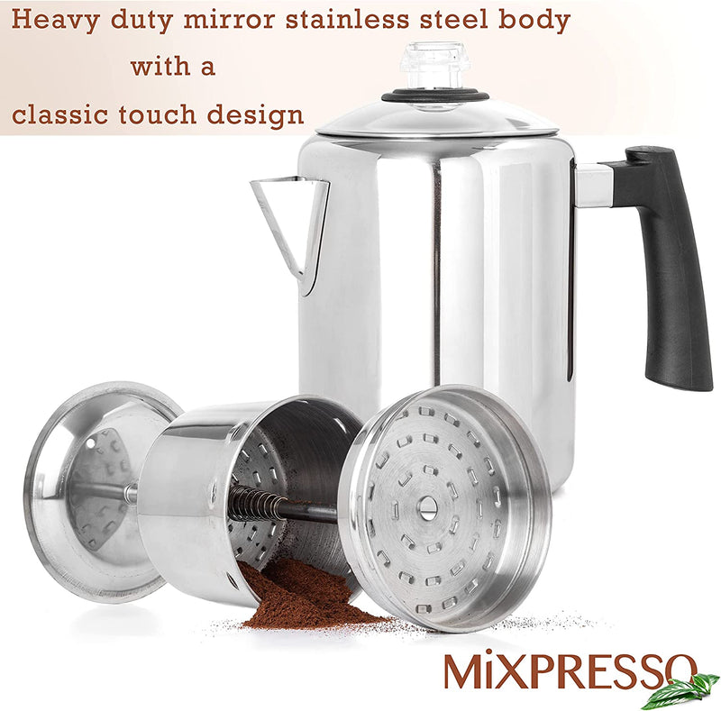 Mixpresso Stainless Steel Stovetop Coffee Percolator, Percolator Coffee Pot, Excellent For Camping Coffee Pot, 5-8 Cup Coffee Maker, Stainless Steel Coffee Percolator