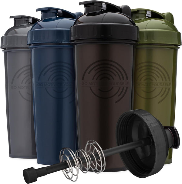 GOMOYO [4-Pack] 28-Ounce Shaker Bottle | Protein Shaker Bottle with Action-Rod Wire Mixer | Shaker Cups are BPA Free and Dishwasher Safe | Moss, Gray, Navy, & Black