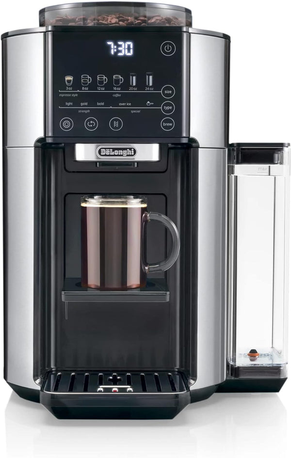 De'Longhi TrueBrew Drip Coffee Maker, Built in Grinder, Single Serve, 8 oz to 24 oz, Hot or Iced Coffee, Stainless, CAM51025MB, 15"D x 13.7"W x 15.8"H