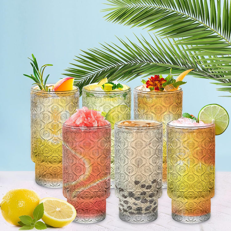 AVLA 6 Pack Vintage Drinking Glasses, 12 OZ Romantic Highball Glass Cup, Skinny Tall Cocktail Glass Tumbler, High Beverage Water Glassware, Tom Collins Barware Tumbler for Mojito, Juice, Beer, Soda