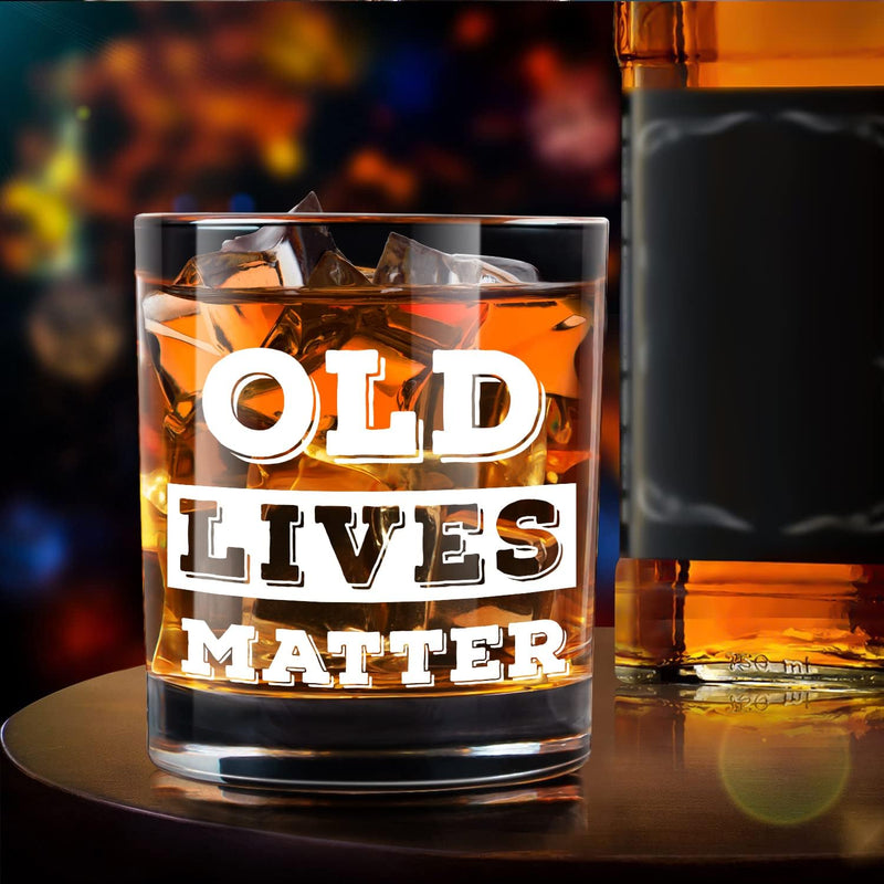 LIGHTEN LIFE Old Lives Matter Whiskey Glass 12 oz,Rock Glass in Valued Wooden Box,Funny Birthday or Retirement Gift for Grandpa,Dad,Old Man,Old Fashioned Whiskey Glass