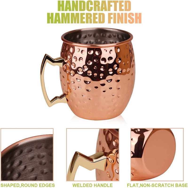 Hossejoy Moscow Mule Copper Mugs - Set of 4-100% Handcrafted Solid Copper Mugs, 16 oz Copper Cups with 4 Cocktail Copper Straws