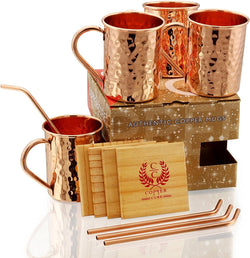 Gift Set Pure Copper Hammered Mugs with Copper Straws & Wooden Coasters Set of 4 - PREMIUM QUALITY -16 Oz Copper Mug - 100% Handcrafted - A Gift Pack for your loved Ones.