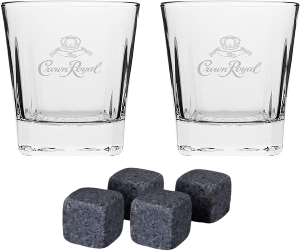 Whiskey Glasses Set of 2 Crown Royal Whiskey Glass and Stone Set 2 Scotch Glasses and 4 Unique Chilling Granite Rocks | Whiskey Stone Gift Set for Men Compatible
