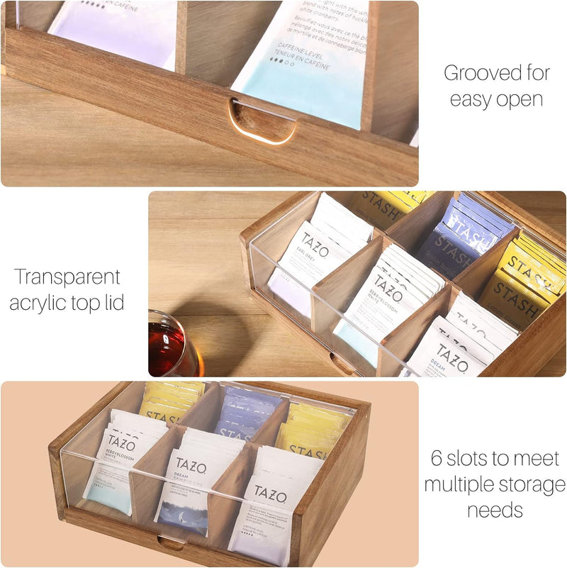 Tea Bag Organizer 6 Compartments by HTB|  Gift Box Acacia Wood Tea Organizer for Tea Bags with Acrylic Transparent Hinged Lid