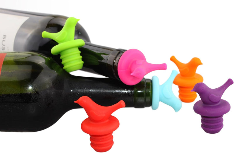 Little Bird Wine Bottle Stopper, Silicone Stoppers, Reusable, Leak Proof, Cute, Fun, Decorative, Multipack (Assorted Color, Set of 6)