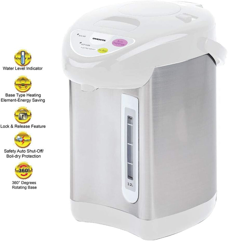 Ovente Electric Stainless Steel Insulated Hot Water Boiler and Warmer 3.2 Liter, 700 Watt Water Dispenser Automatic Keep Warm Setting & Boil Dry Protection, Perfect for Tea or Coffee, White WA32W