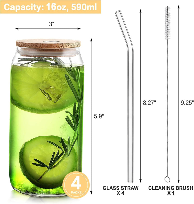 HOMBERKING Glass Cups with Bamboo Lids and Straws 4pcs Set, 16oz Can Shaped Drinking Beer Glasses, Iced Coffee Cups, Cute Tumbler Cups with 1 Cleaning Brush, Ideal for Cocktail, Whiskey, Tea, Gift