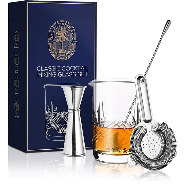 Cocktail Mixing Glass Set, Old Fashioned Kit : Stainless Steel Bar Spoon & Hawthorne Strainer & Japanese Jigger & Glass Polishing Cloth, Crystal Mixer Glass Yarai, Valentine's