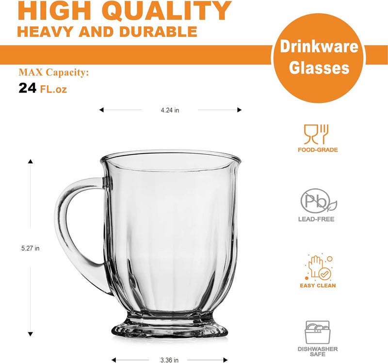 LUXU 24 OZ Glass Coffee Mugs(Set of 2),Large Clear Coffee Mug,Glass Mugs With Handles for Hot and Cold Beverages,Durable Mugs for Tea, Cappuccino, Latte,Coffee,Juice,Milk,Hot Chocolate,Beer Mugs