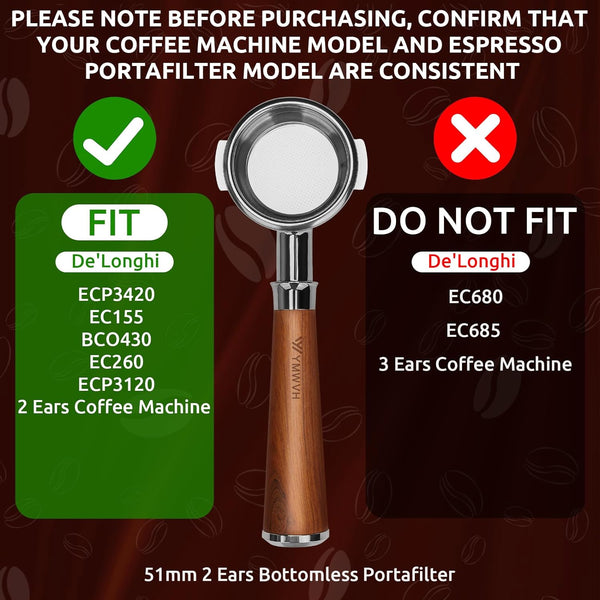 51MM Naked Bottomless Portafilter 2 Ears Fits Delonghi ECP3420/EC155/BCO430/EC260,Stainless Steel Filter Basket and Walnut Handle