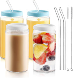 HOMBERKING Glass Cups with Bamboo Lids and Straws 4pcs Set, 16oz Can Shaped Drinking Beer Glasses, Iced Coffee Cups, Cute Tumbler Cups with 1 Cleaning Brush, Ideal for Cocktail, Whiskey, Tea, Gift