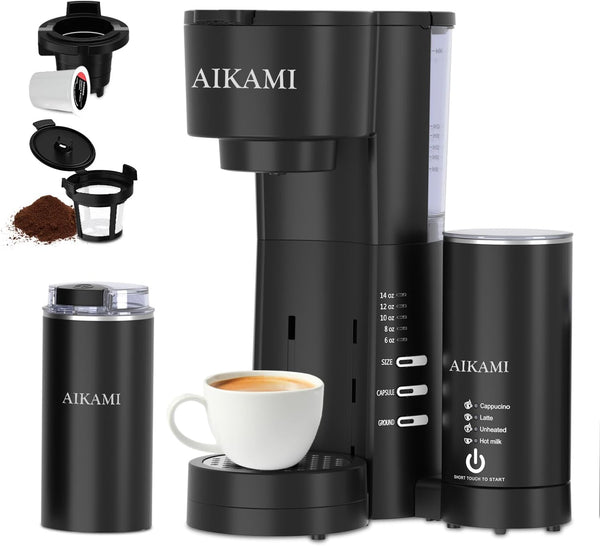 4 IN 1 Mini Coffee Maker Single Serve with Milk Frother and Coffee Grinder, Coffee Makers for K Cup & Ground, 6 to 14 Oz Brew Sizes, Coffee Machine with Water Window and Descaling Reminder, Black