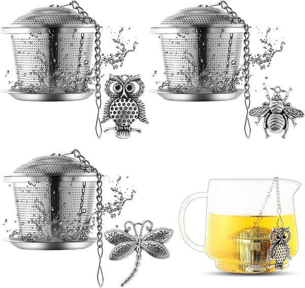 3 Sets Tea Infusers Tea Strainers for Loose Tea Fine Mesh Tea Steeper Stainless Tea Diffuser Tea Filters with Drip Trays and Pendant for Christmas Gift Brew Fine Loose Tea Leave (Insects Style)